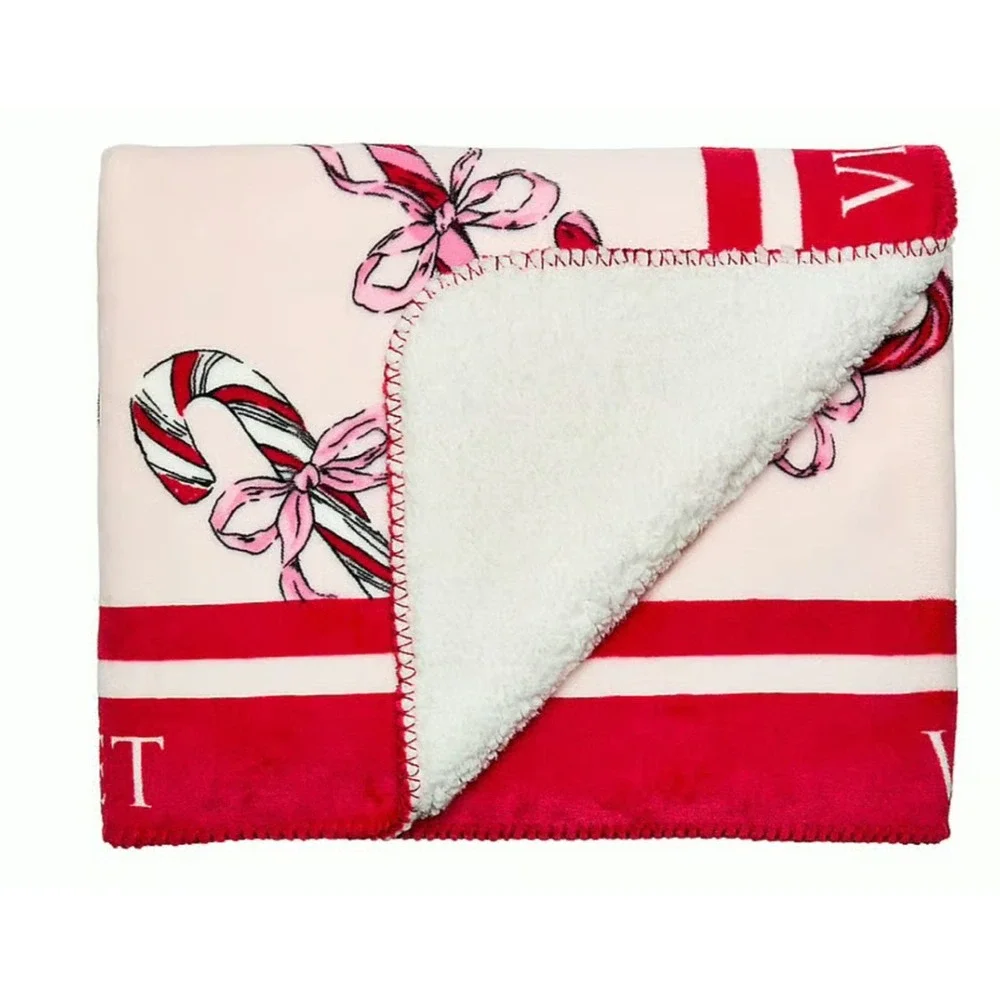 NWT Victoria's Secret Pink Blanket Candy Cane Bow Holiday 2025 Plush Throw 50x60